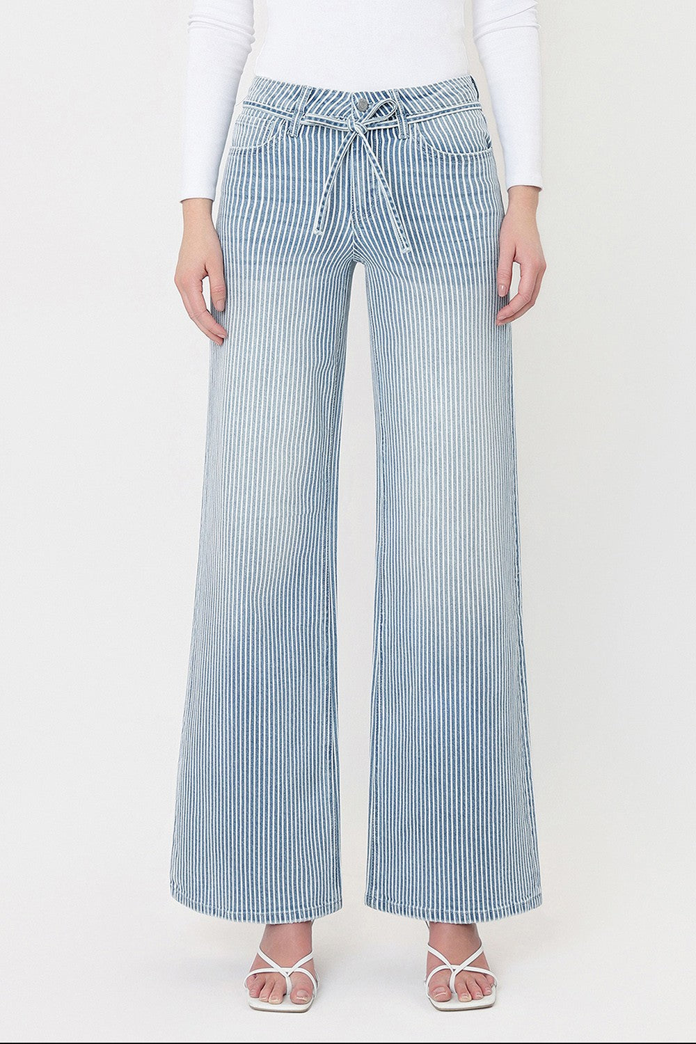Vervet High Rise Waist Tie Striped Wide Leg Jeans