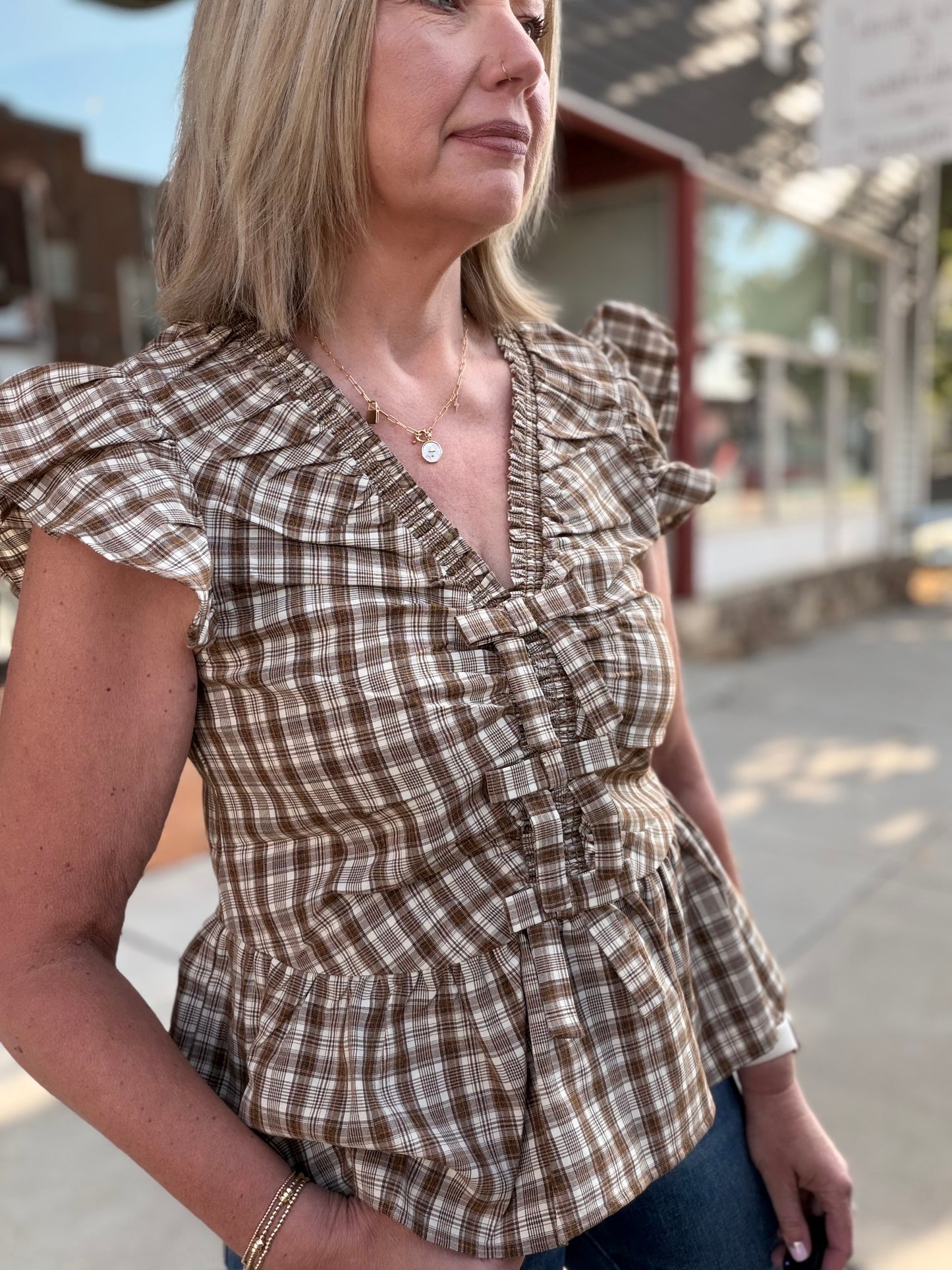 The Dexley Ruffled Plaid Blouse