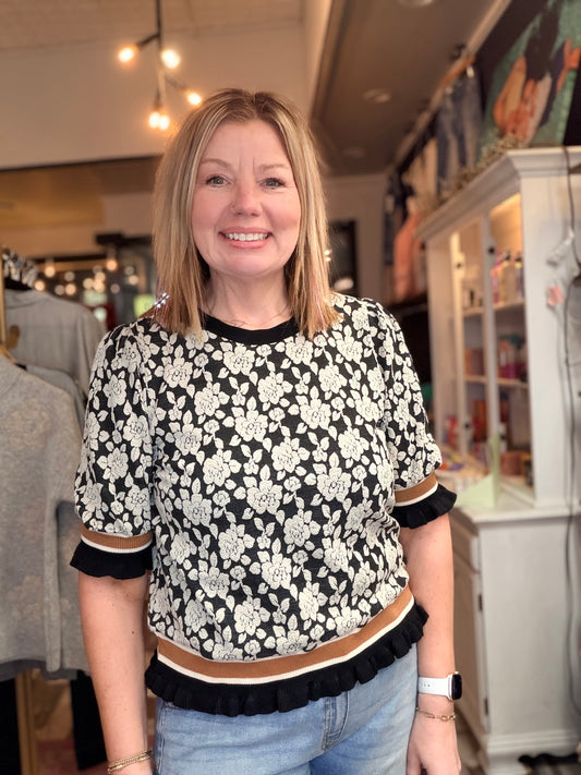 The Maddi Textured Rose Knit Top Puff Sleeve