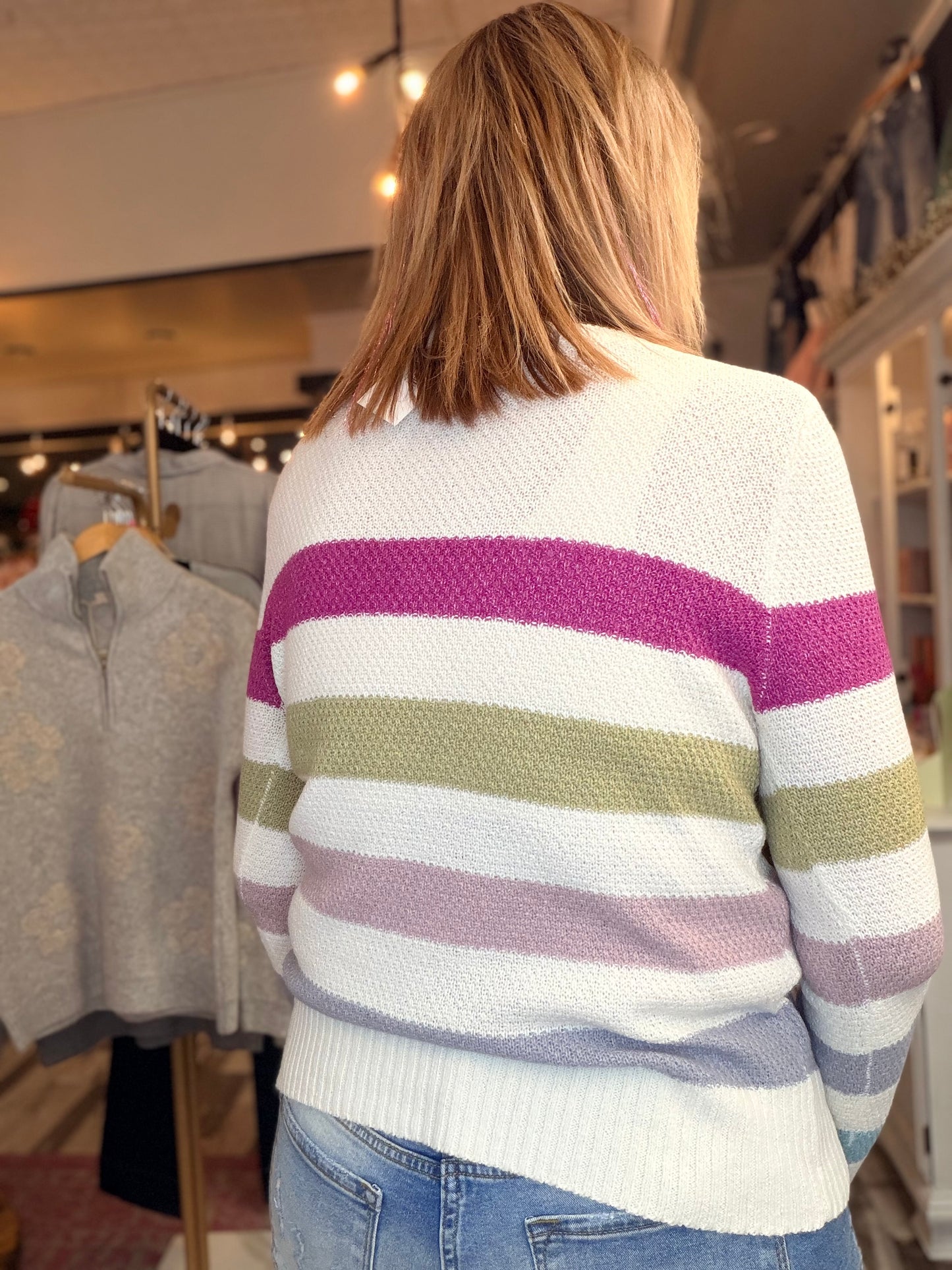 Magenta/Olive Striped Long Sleeve Sweater
