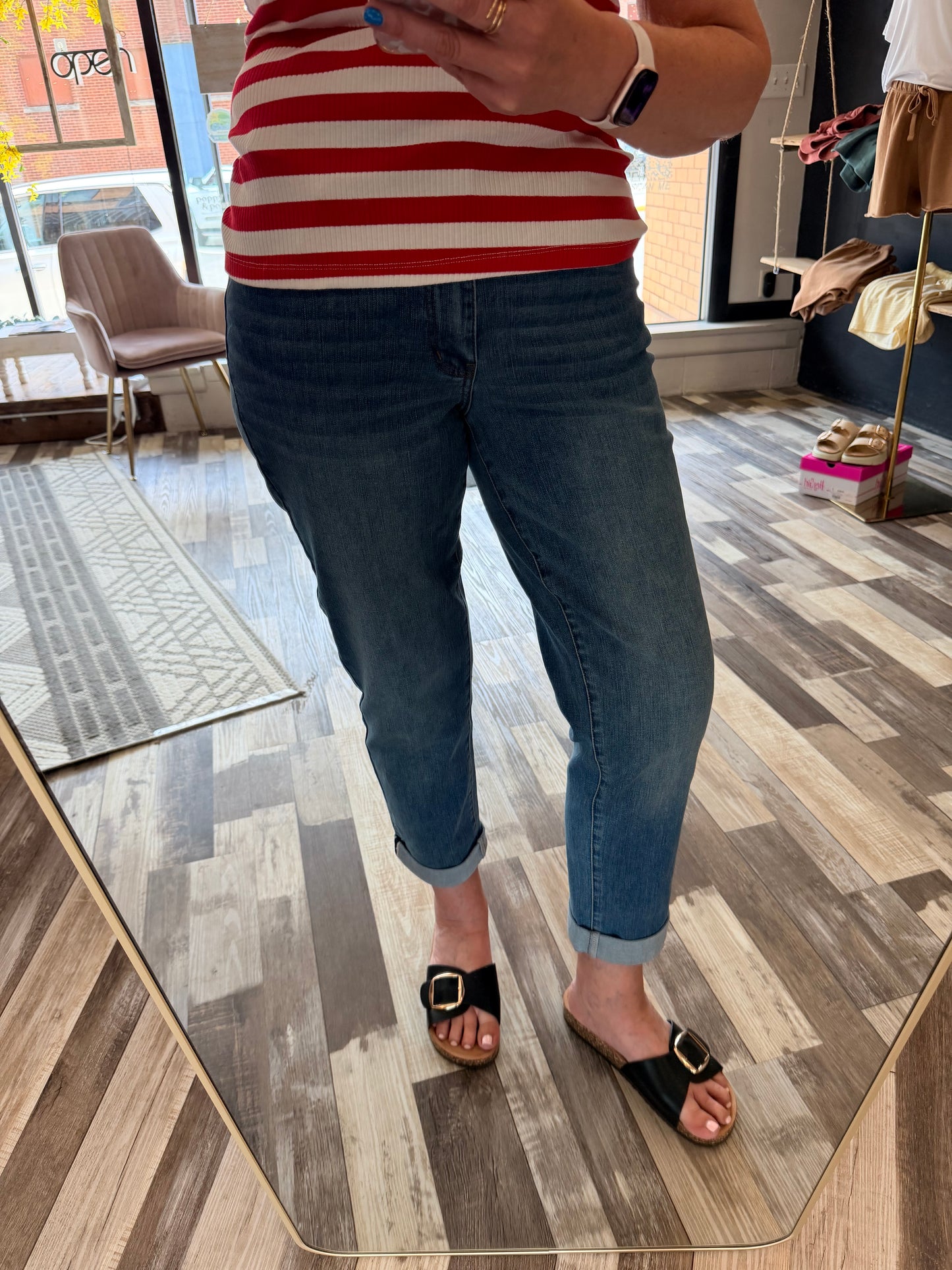 Judy Blue Mid Rise Boyfriend Fit Cool Denim w/ Cross Back Loops