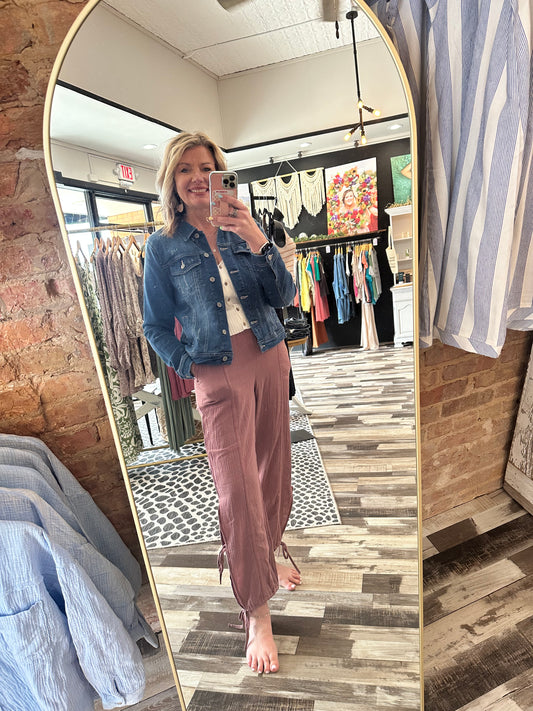 Side Tie Gauze Pants with Lace Detail