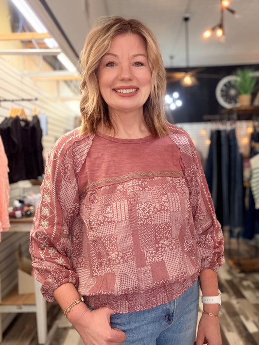 Patchwork Print Long Sleeve Top