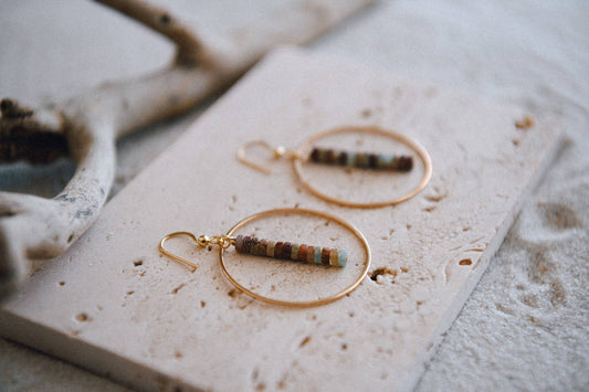 Serpentine Turquoise and Gold Hoop Drop Earrings