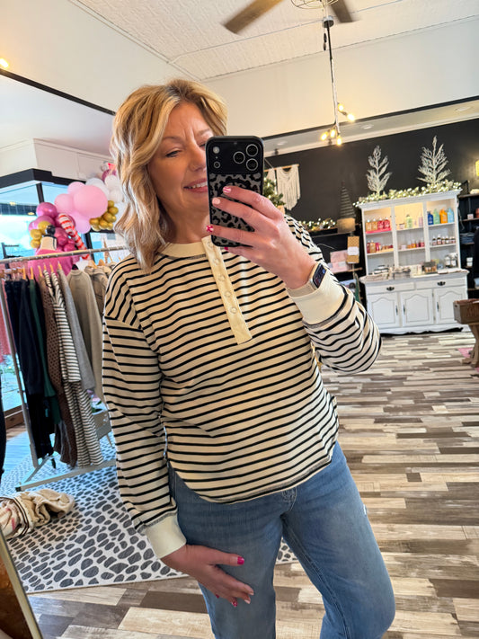 Stripe Henley Snap Button Long Sleeve Knit Top