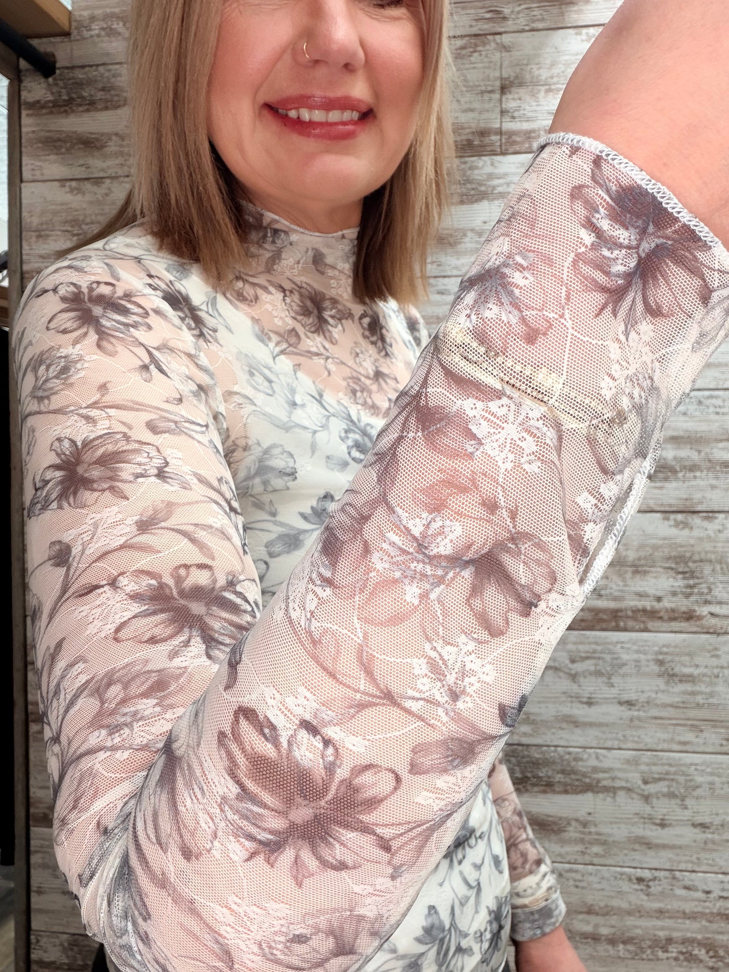 Mesh Floral Print Long Sleeve