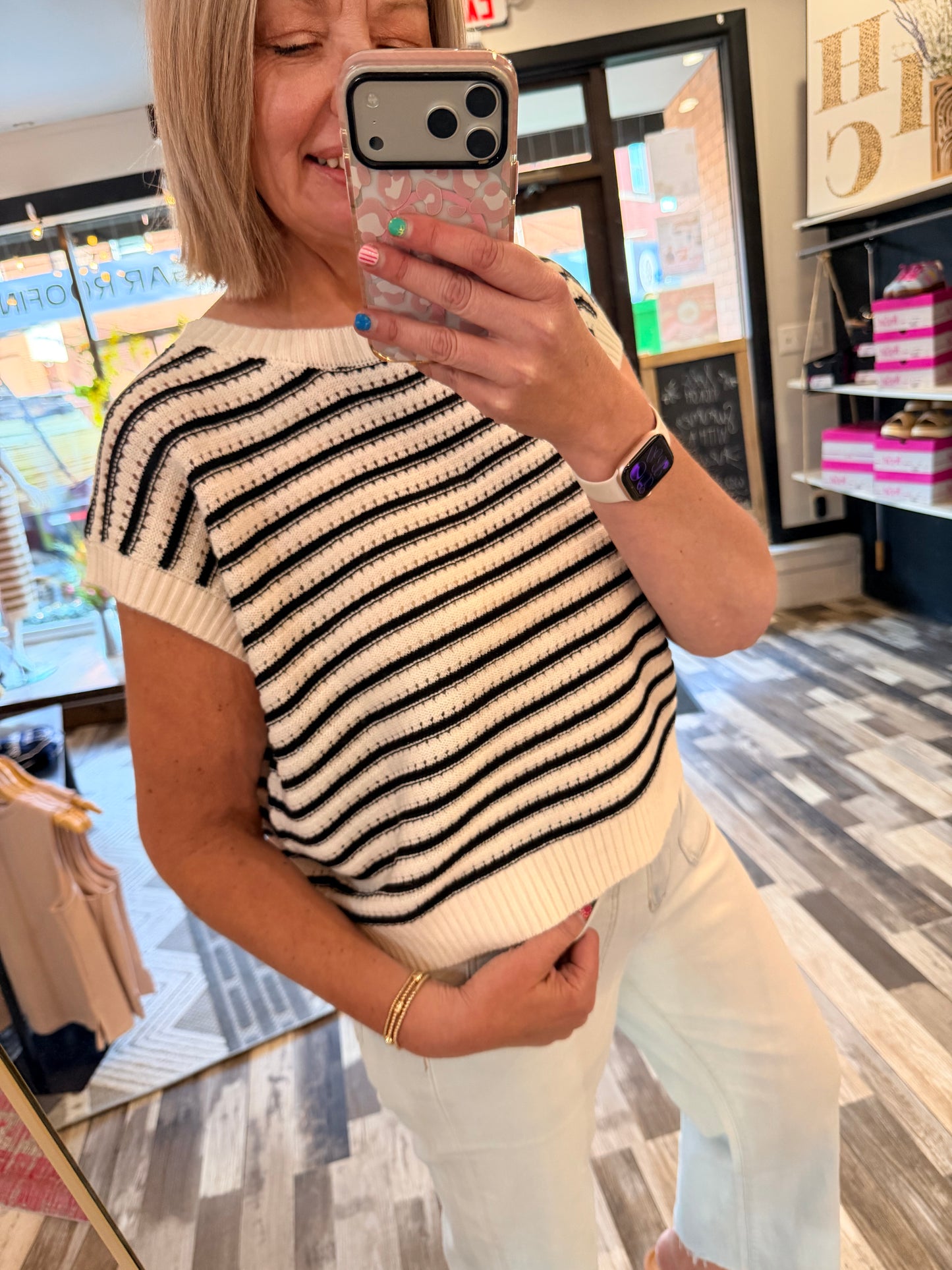 Casual Friday Striped V-neck Short Dolman Sleeve Oversized Top