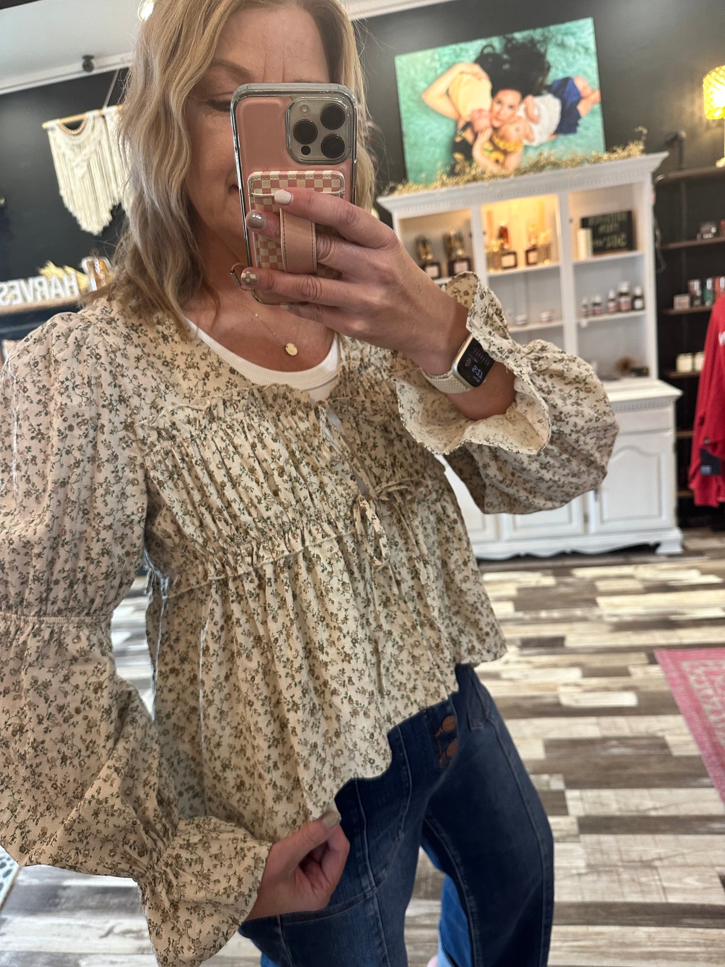 Ditsy Print Front Tie Ruching Detail Blouse