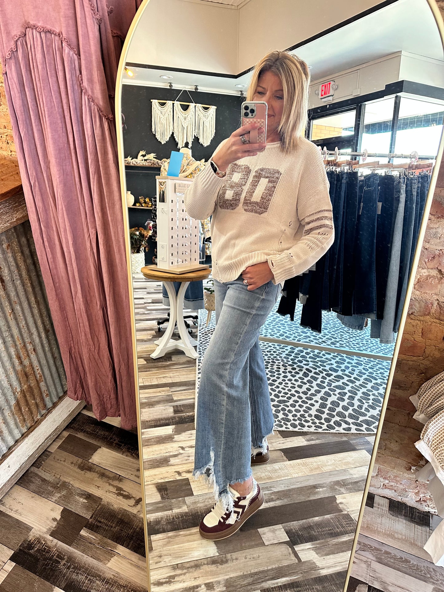 Distressed Long Sleeve Varsity Knit Top