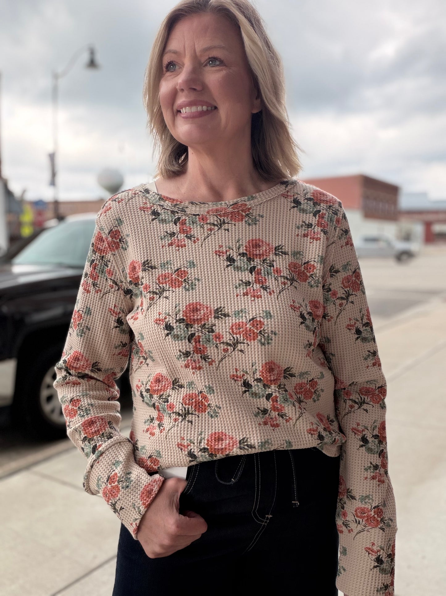 The Rachel Floral Print Washed Waffle Thermal Top With Thumb