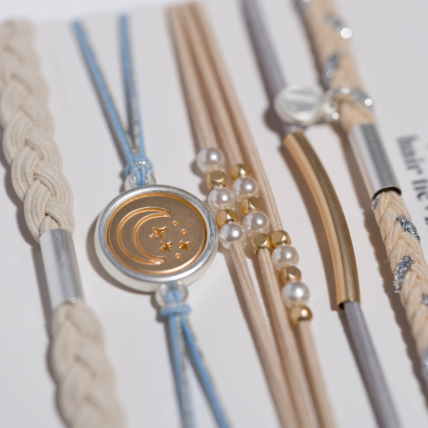 "Wonder" Soft Creams & Blues with Pearls & Gold Hair Tie Bracelets