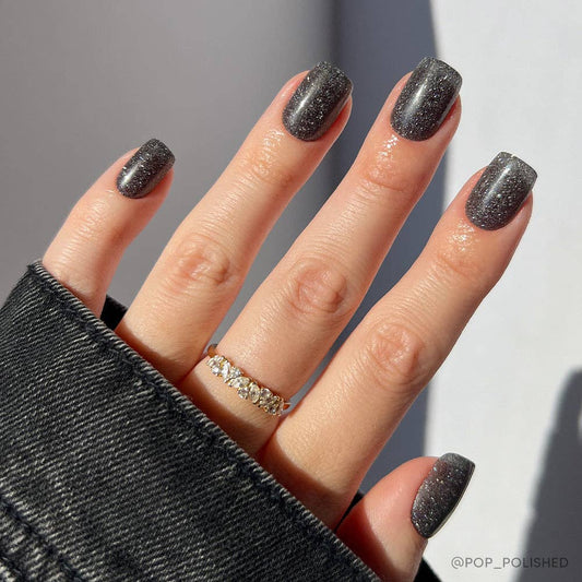 Cosmic Press-On Nails } Black Glitter | Short Squoval Shape