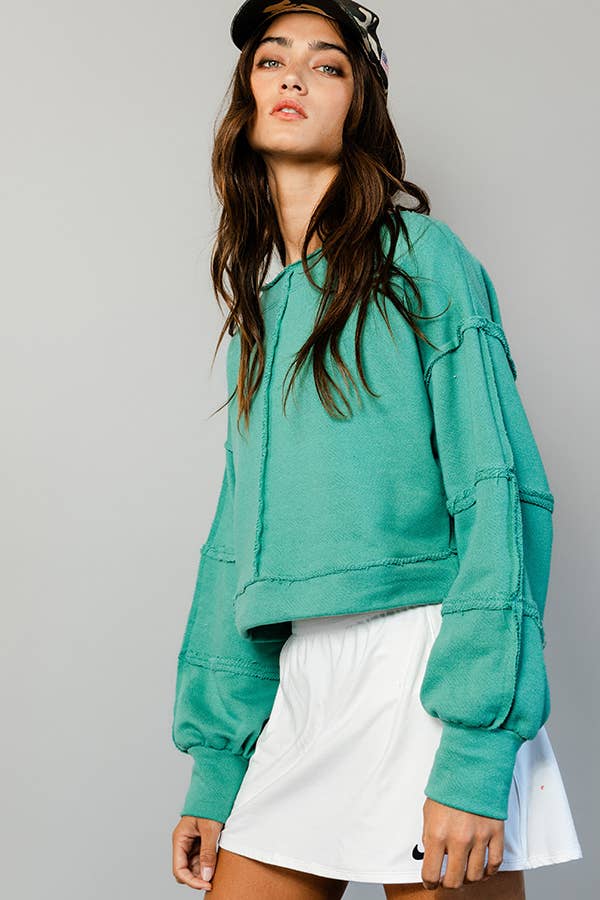 Raw Edge Detail Solid Terry Crop Pullover Top
