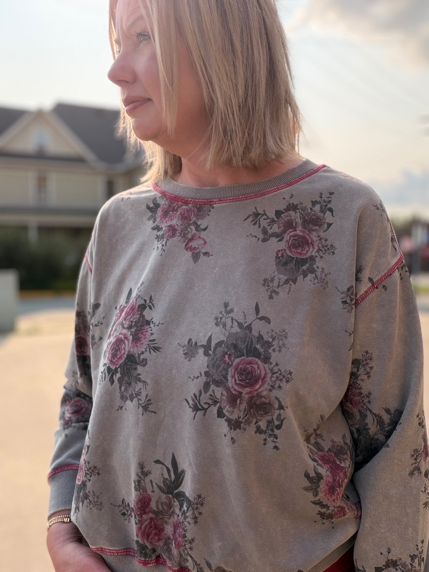 Washed Floral Print Crewneck Sweatshirt