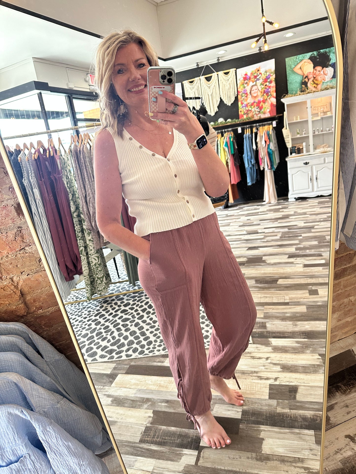Side Tie Gauze Pants with Lace Detail