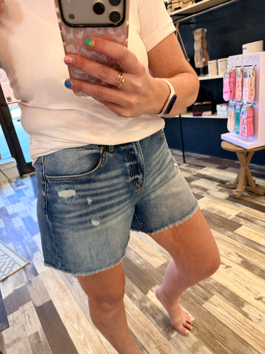 Mica Super High Rise Raw Hem Mid-Length Mom Shorts