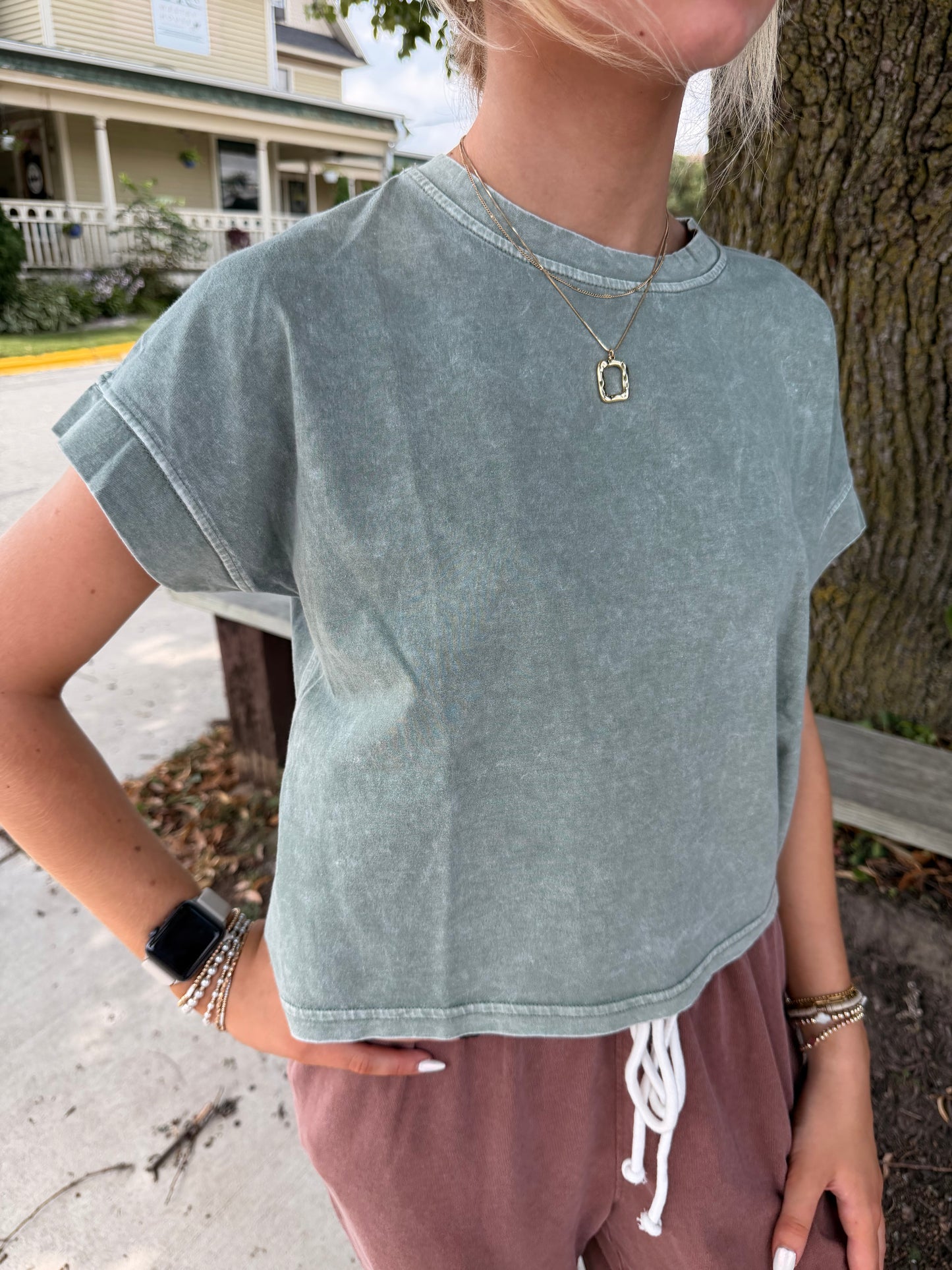 The Kelsi Mineral Wash Raw Edge Short Sleeve Knit Top