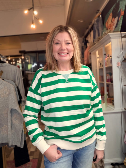 Oversized Green French Terry Striped Sweatshirt