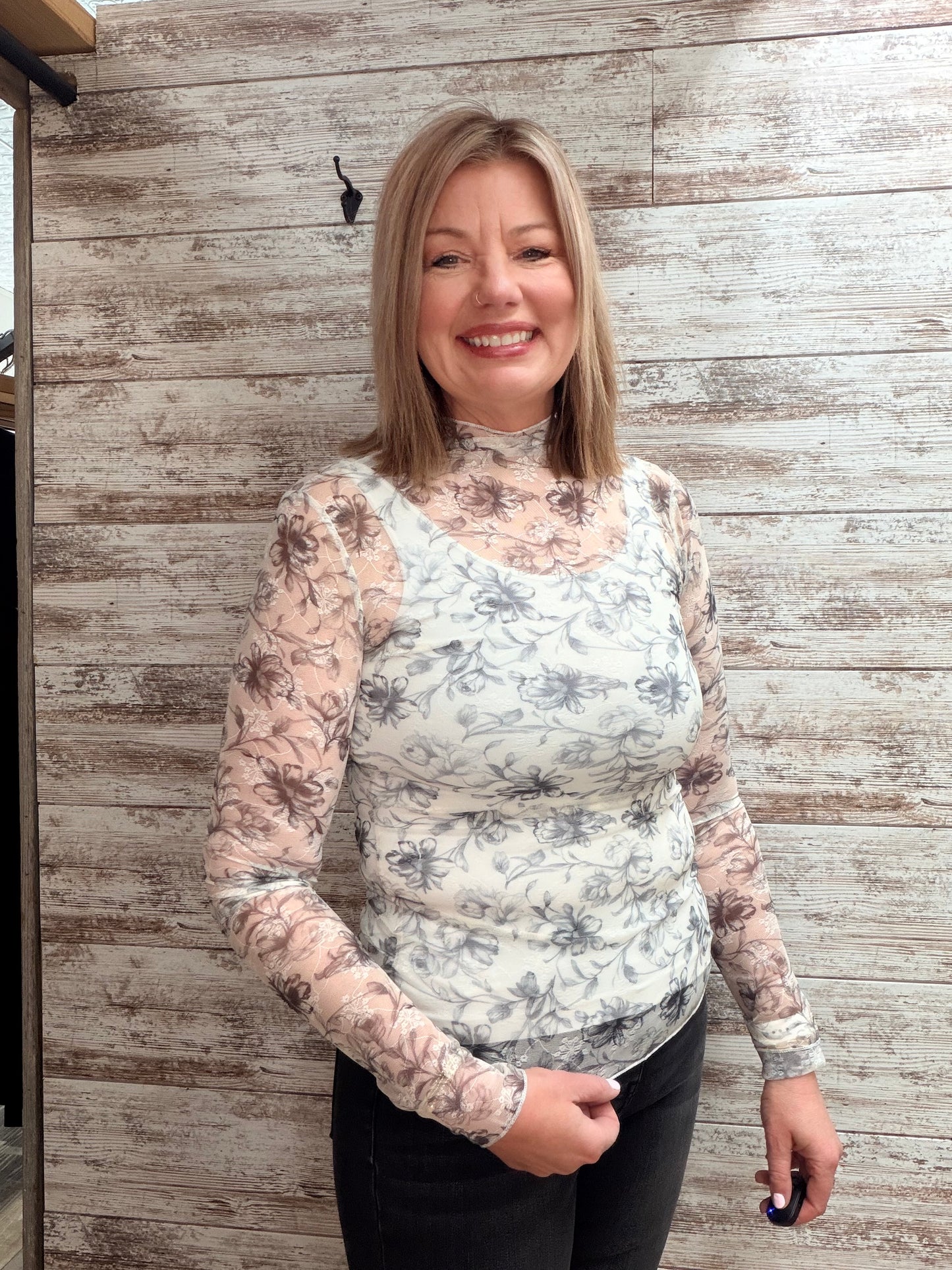 Mesh Floral Print Long Sleeve