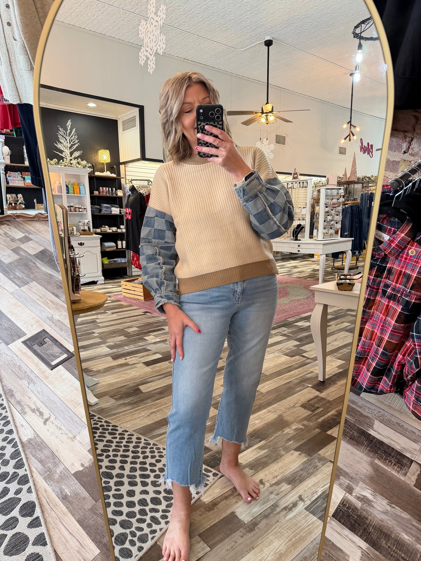 Checkered Denim Sleeve Mix Knit Sweater