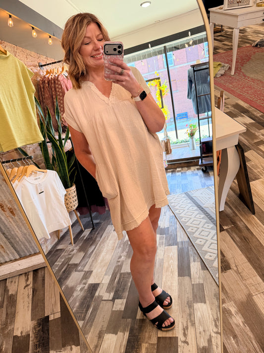 Washed Double Gauze Raw Edge V-neck Dress