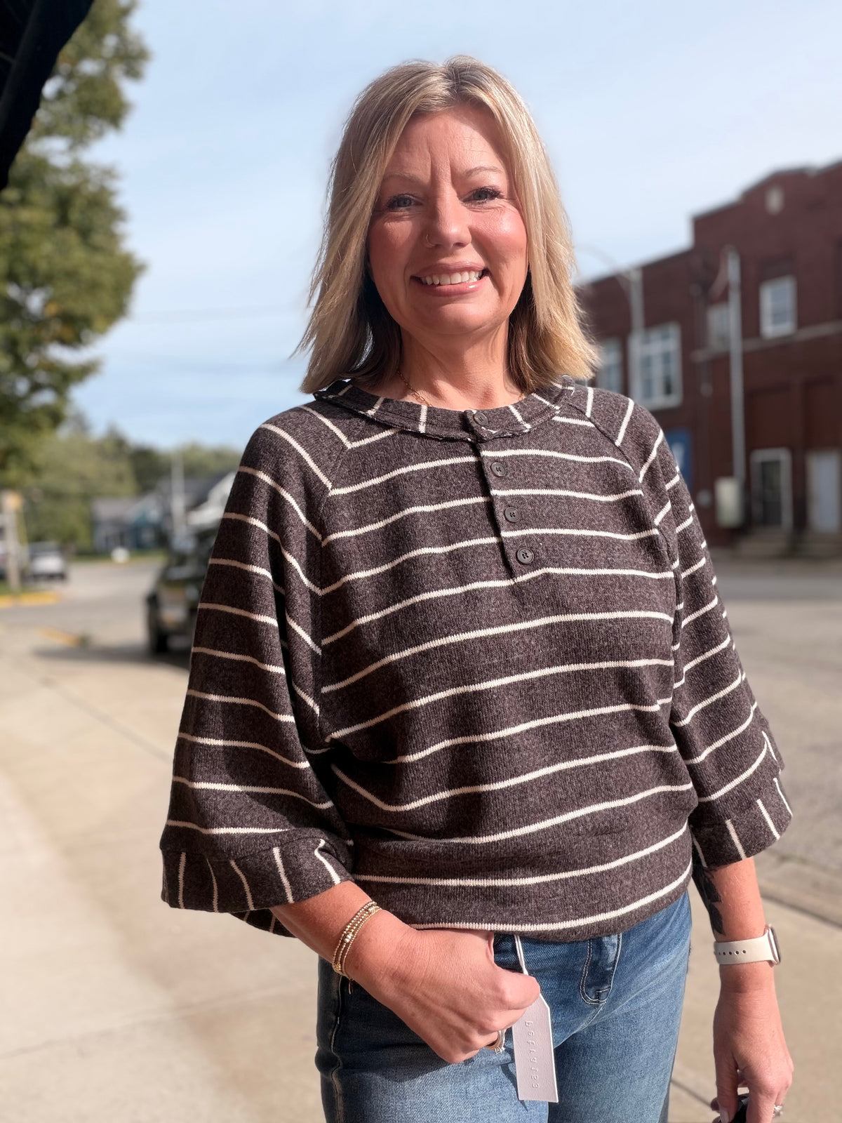 Leaves & Latte Striped Henley Wide LS Top