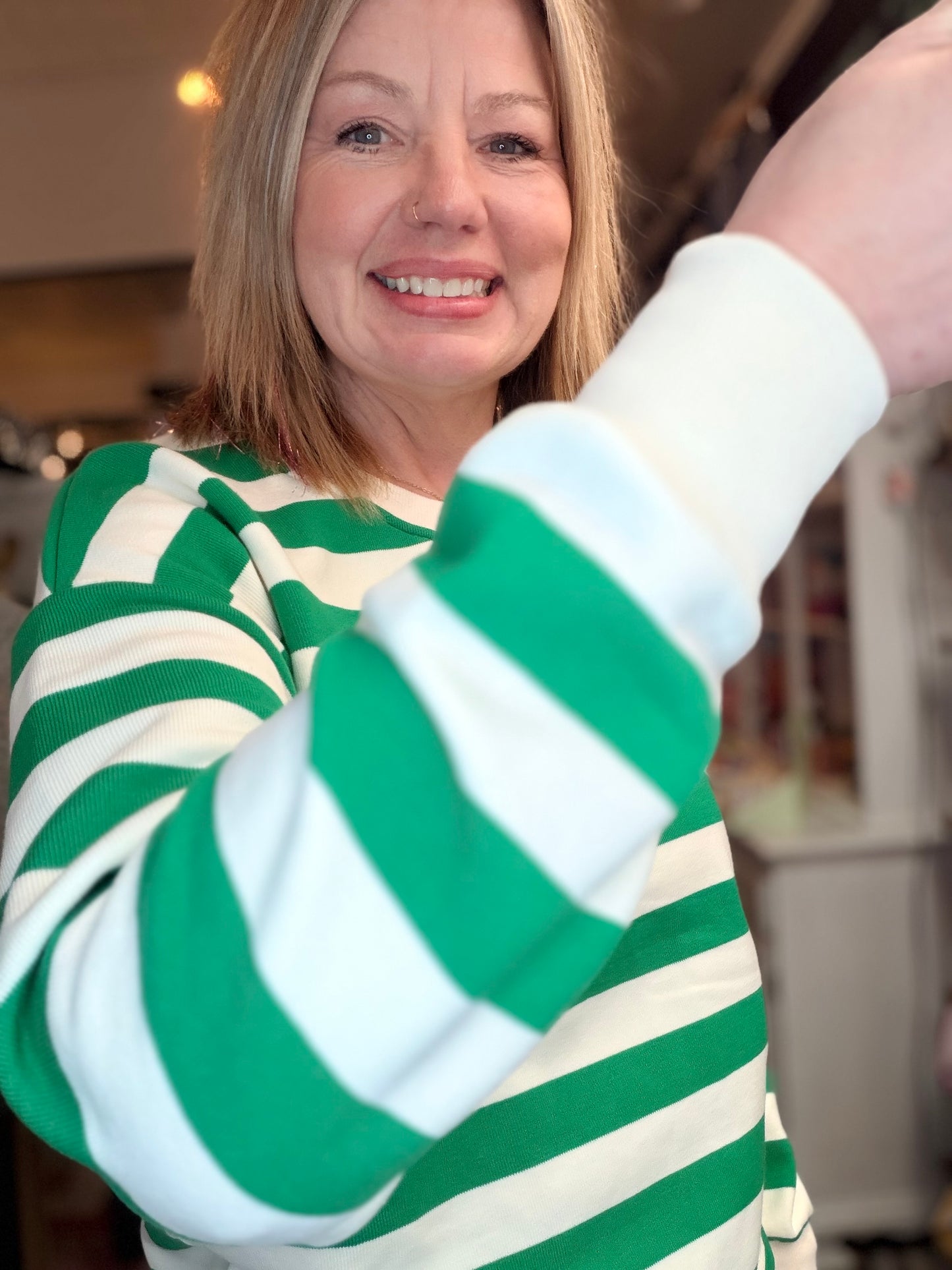 Oversized Green French Terry Striped Sweatshirt