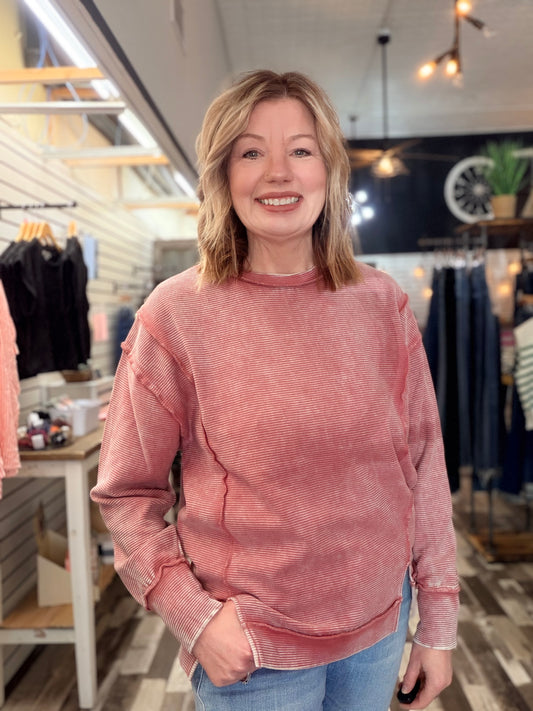 Acid Washed Double Ribbed Exposed Seam Pullover