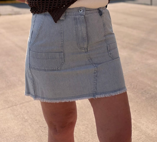 Mineral Washed Denim Striped Casual Mini Skirt
