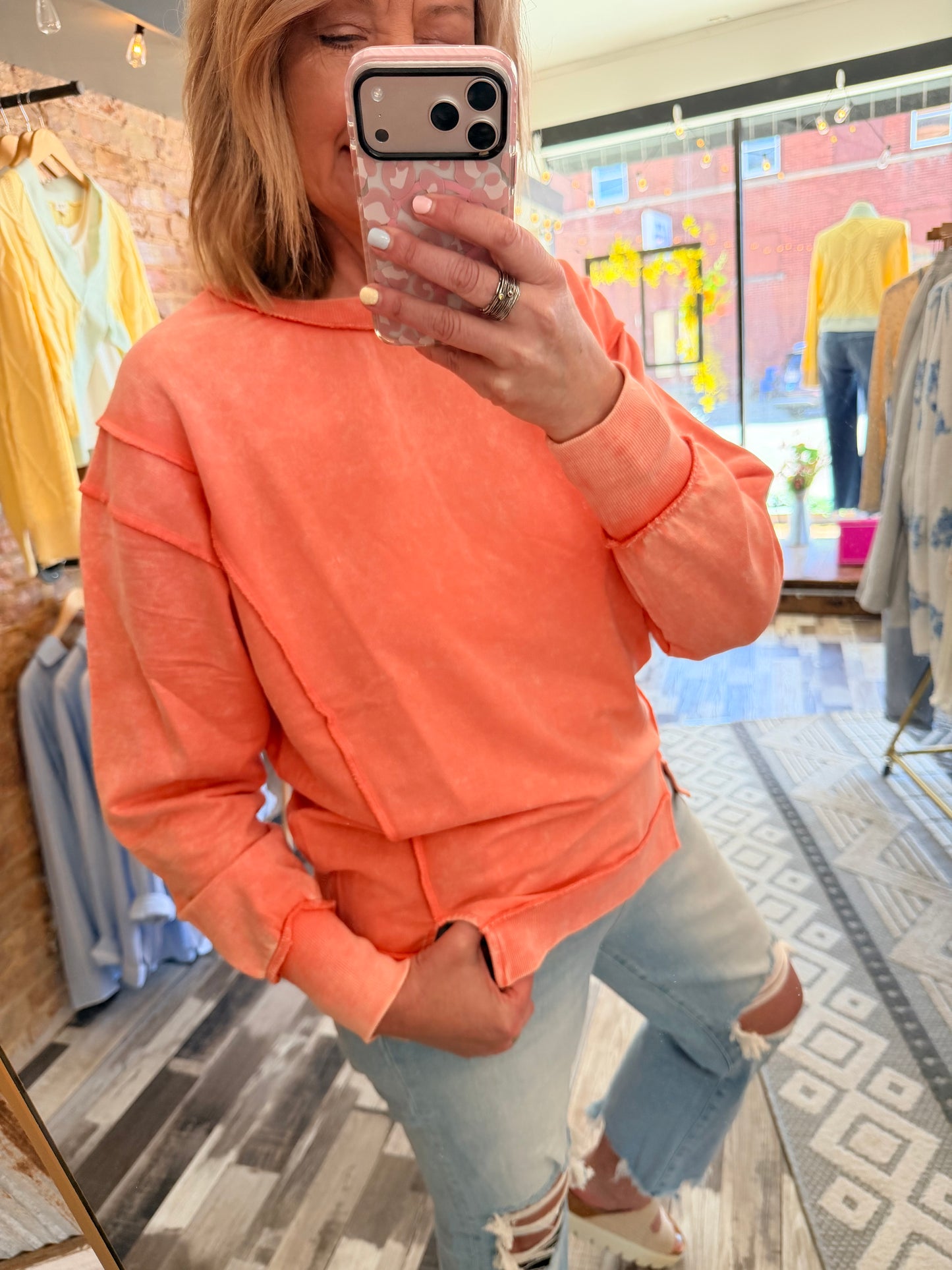 Good Times Acid Wash French Terry Exposed-Seam Sweatshirt