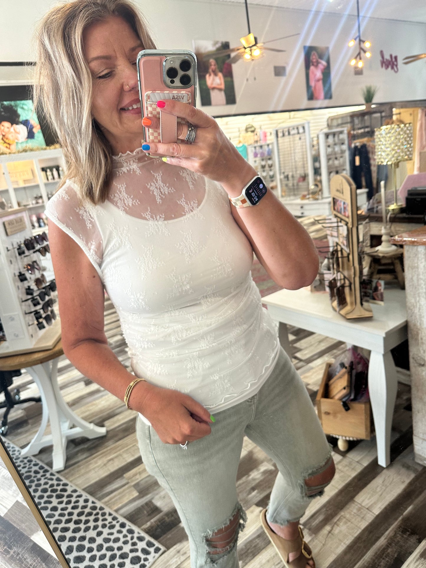 Just Perfect Ruched Side Detail Lace Mock Neck Top