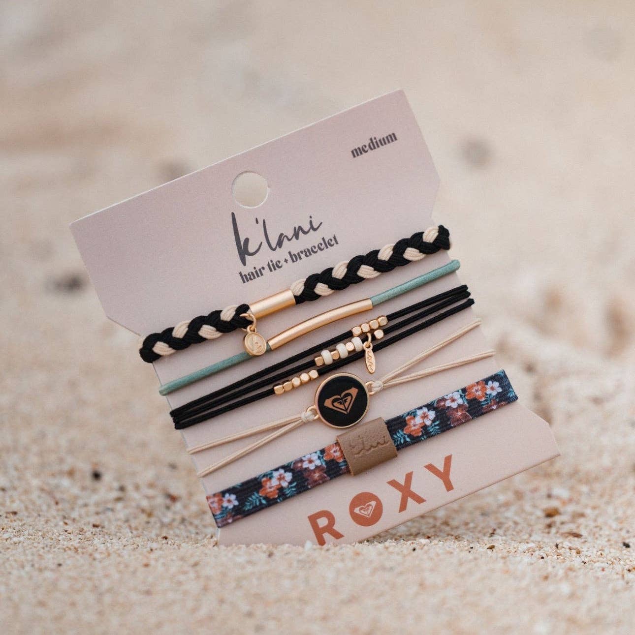 "Roxy Coastal Drift" Black & Neutral Beachy Vibe Hair Tie Bracelets