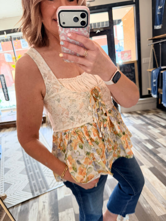 Round Neck Tank w/Floral Patch Accents