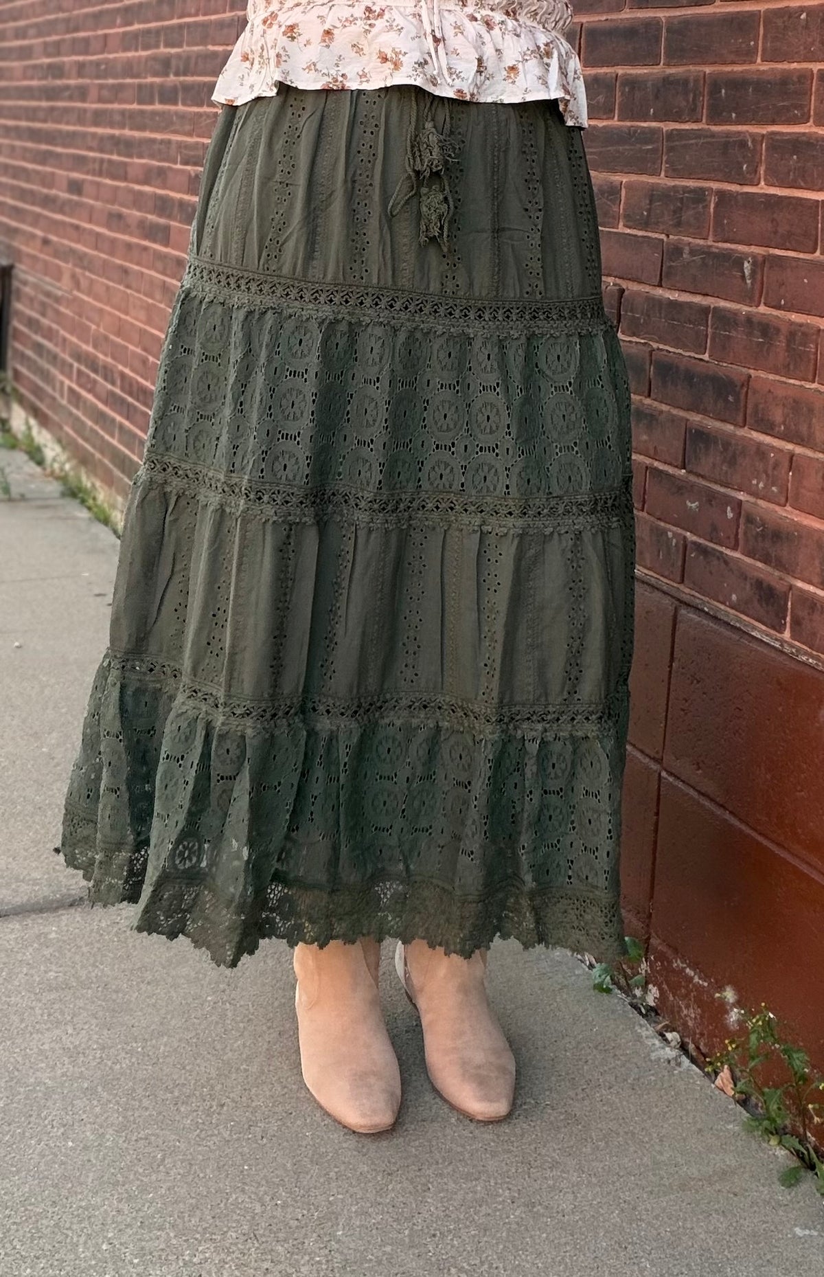 Harvest Time Elastic Waist Maxi Skirt w/ Lace Trim