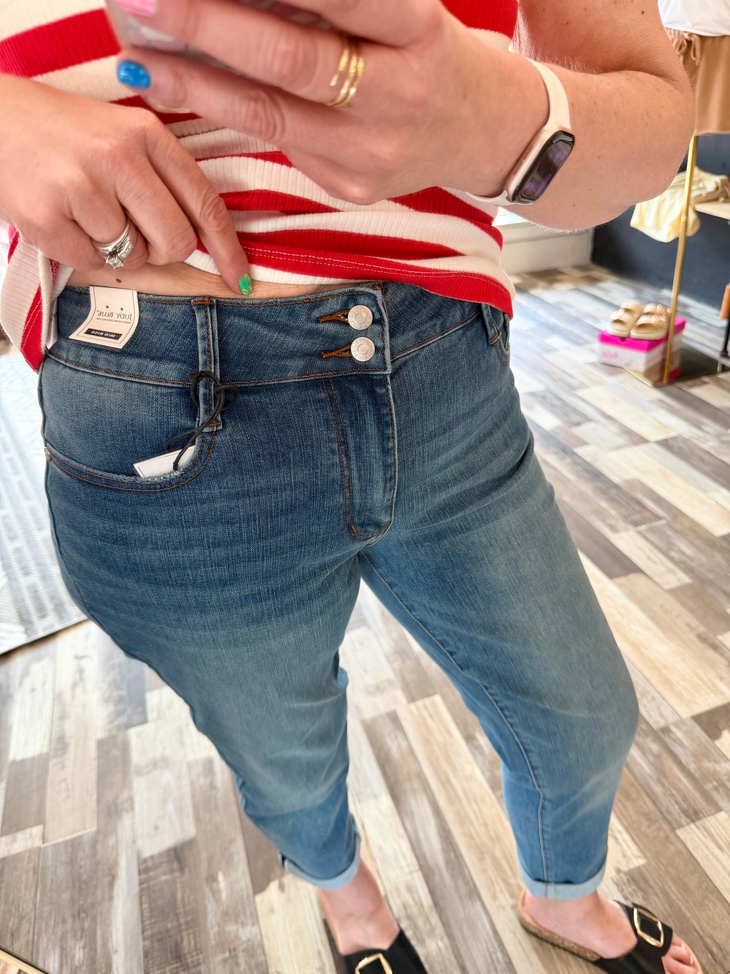 Judy Blue Mid Rise Boyfriend Fit Cool Denim w/ Cross Back Loops