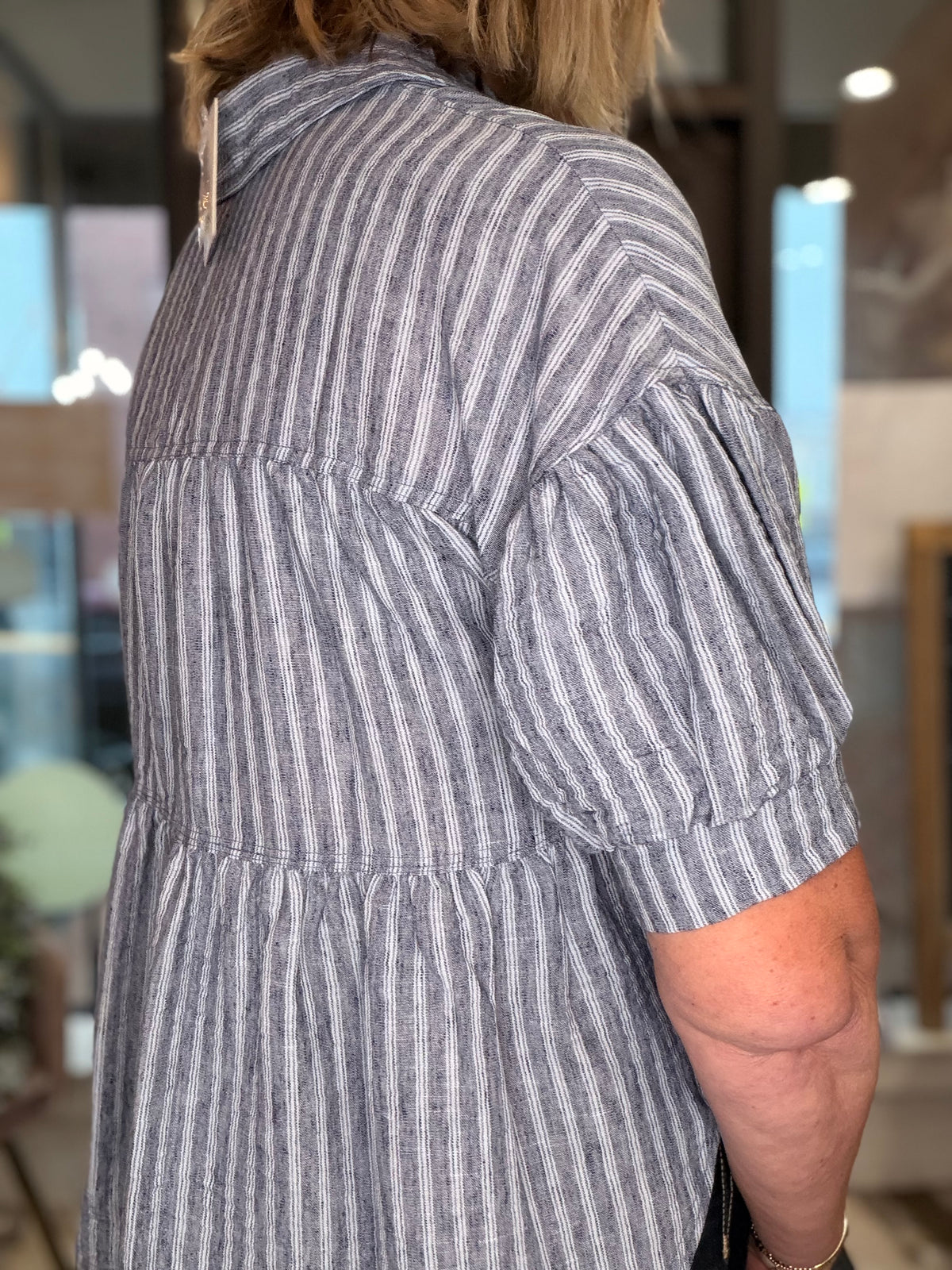 Tiered Striped Button Down Short Bubble Sleeve Top