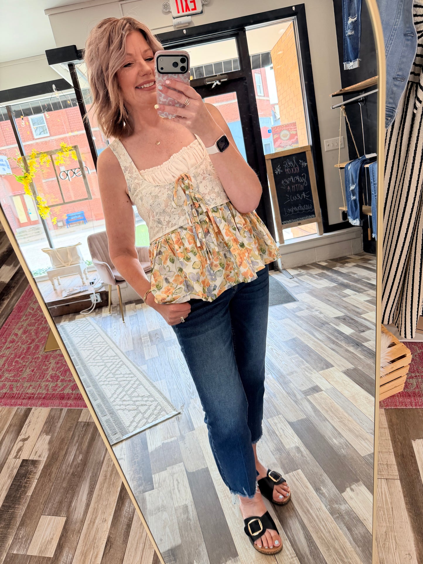 Round Neck Tank w/Floral Patch Accents
