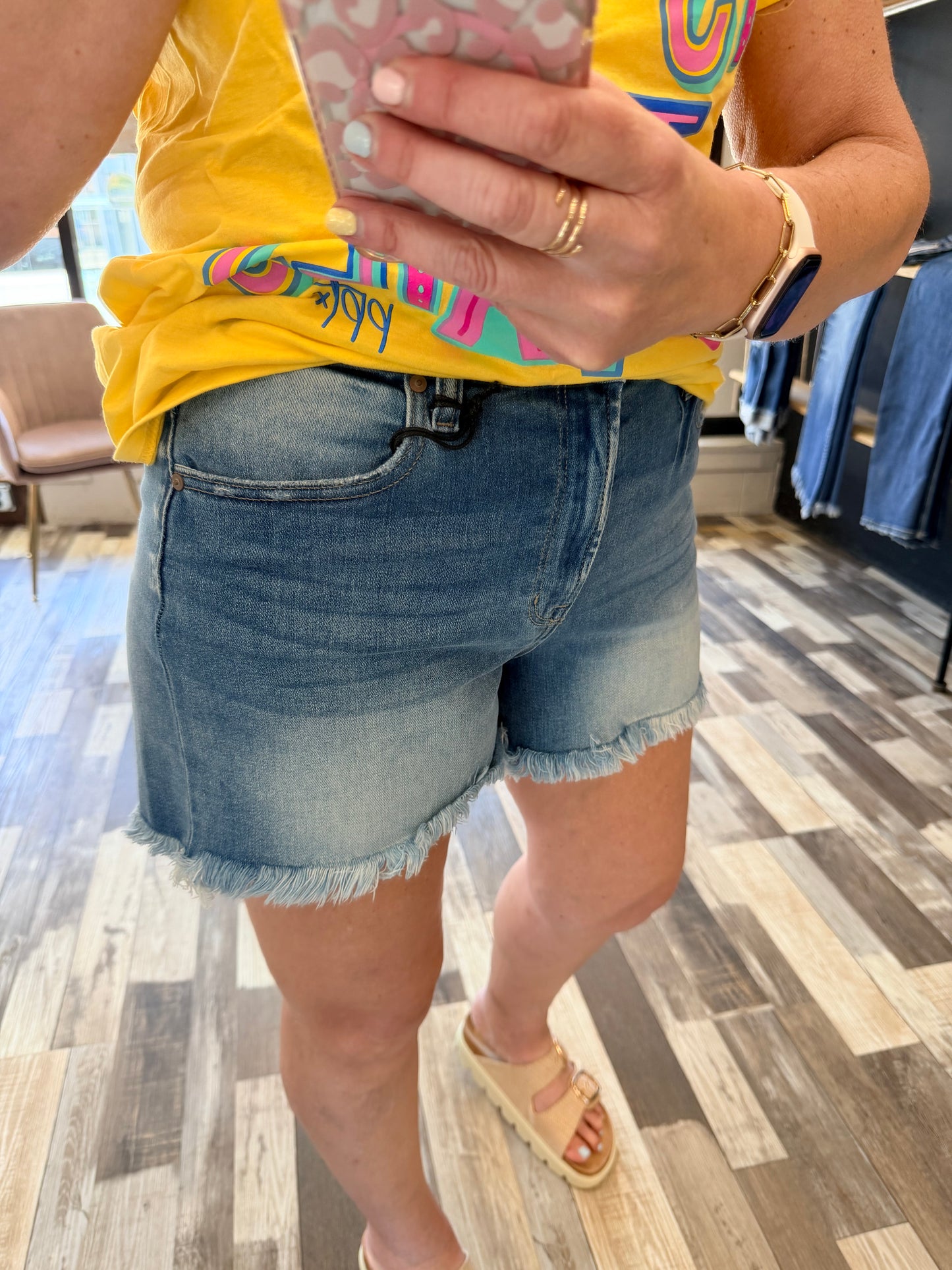Mid Rise Raw Frayed Hem Denim Shorts