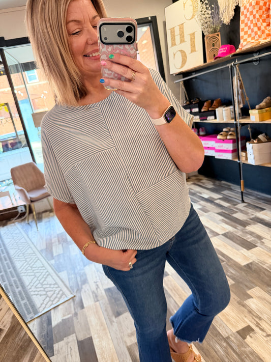 Say It Isn't So Patchwork Striped Dolman Sleeve Top