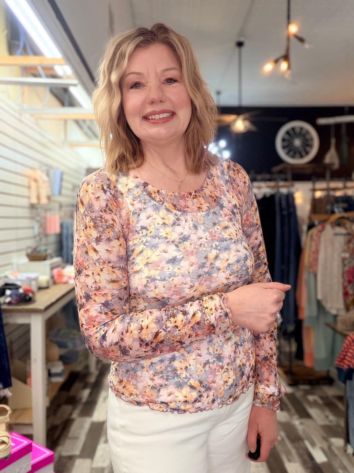 The Zandrea Floral Mesh Print Cabbage Hem Long Sleeve Top