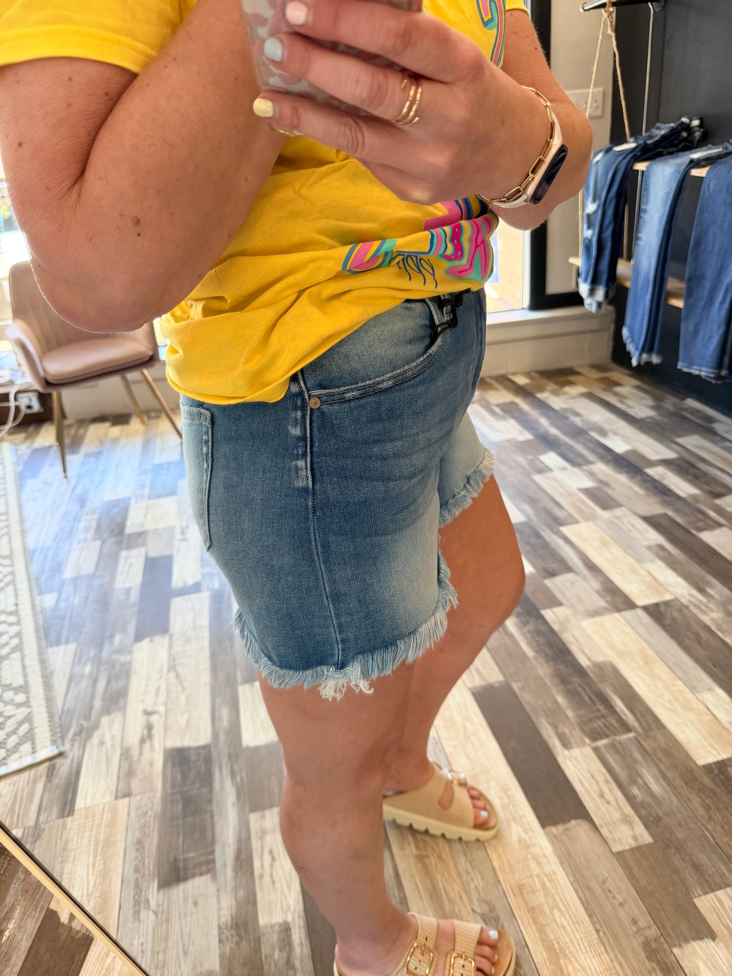 Mid Rise Raw Frayed Hem Denim Shorts