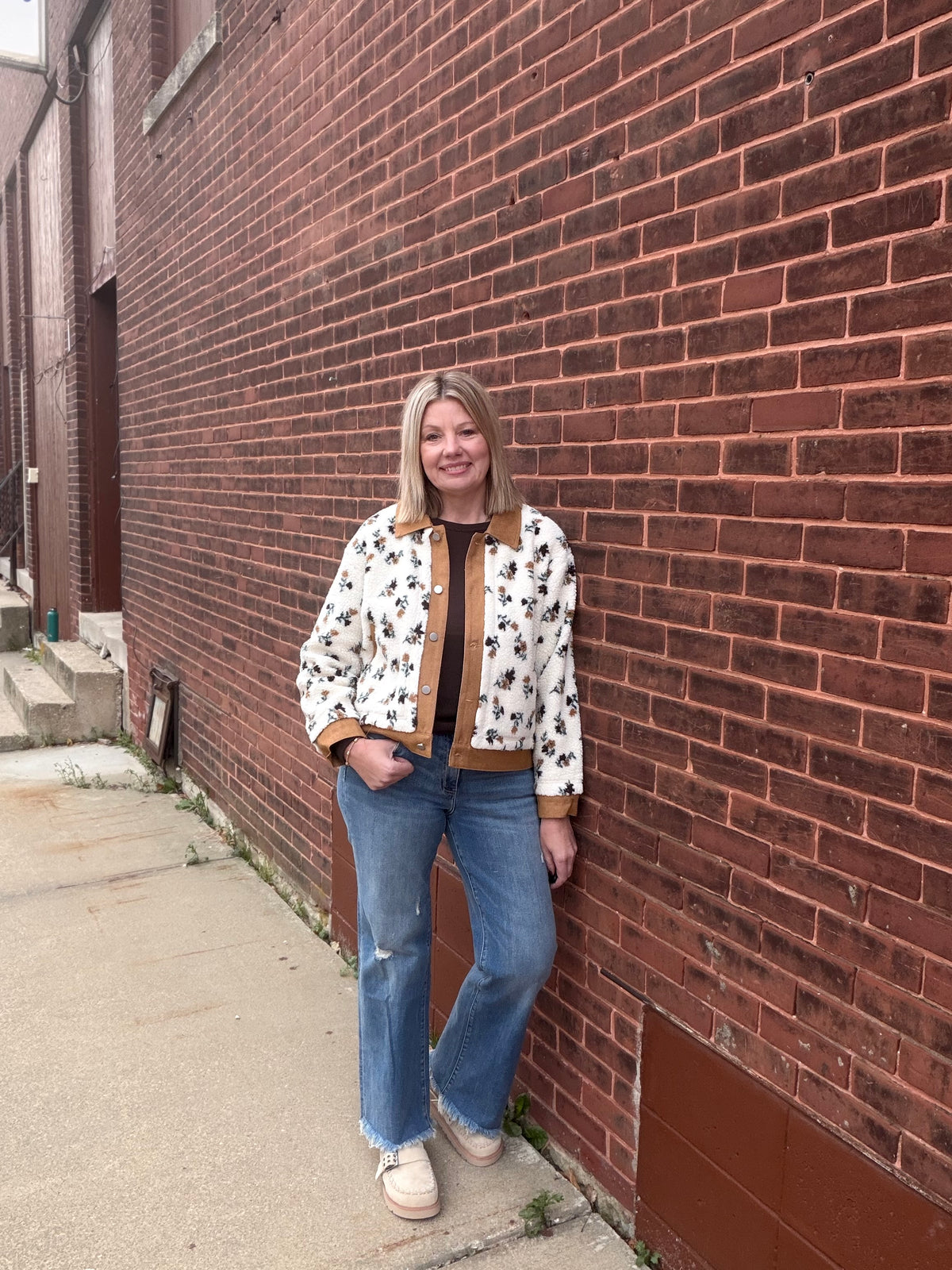 The Lyla Floral Sherpa Fleece Snap Jacket with Twill Detail