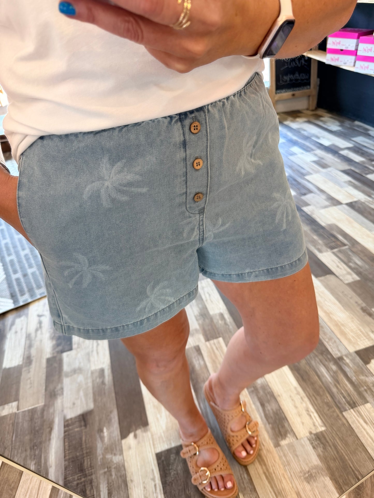 Palm Tree Pull On Denim Shorts With Pockets