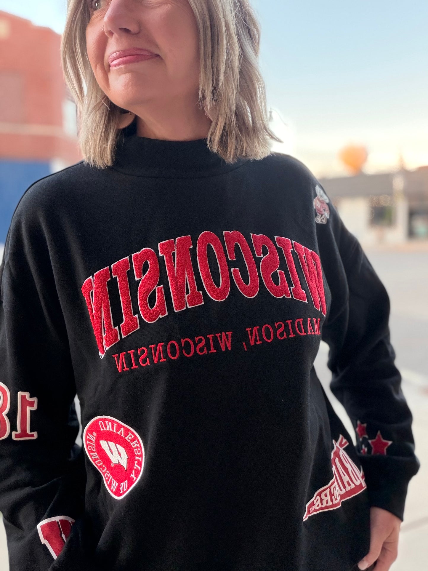Wisconsin All Over Scatter Oversized Funnel Neck