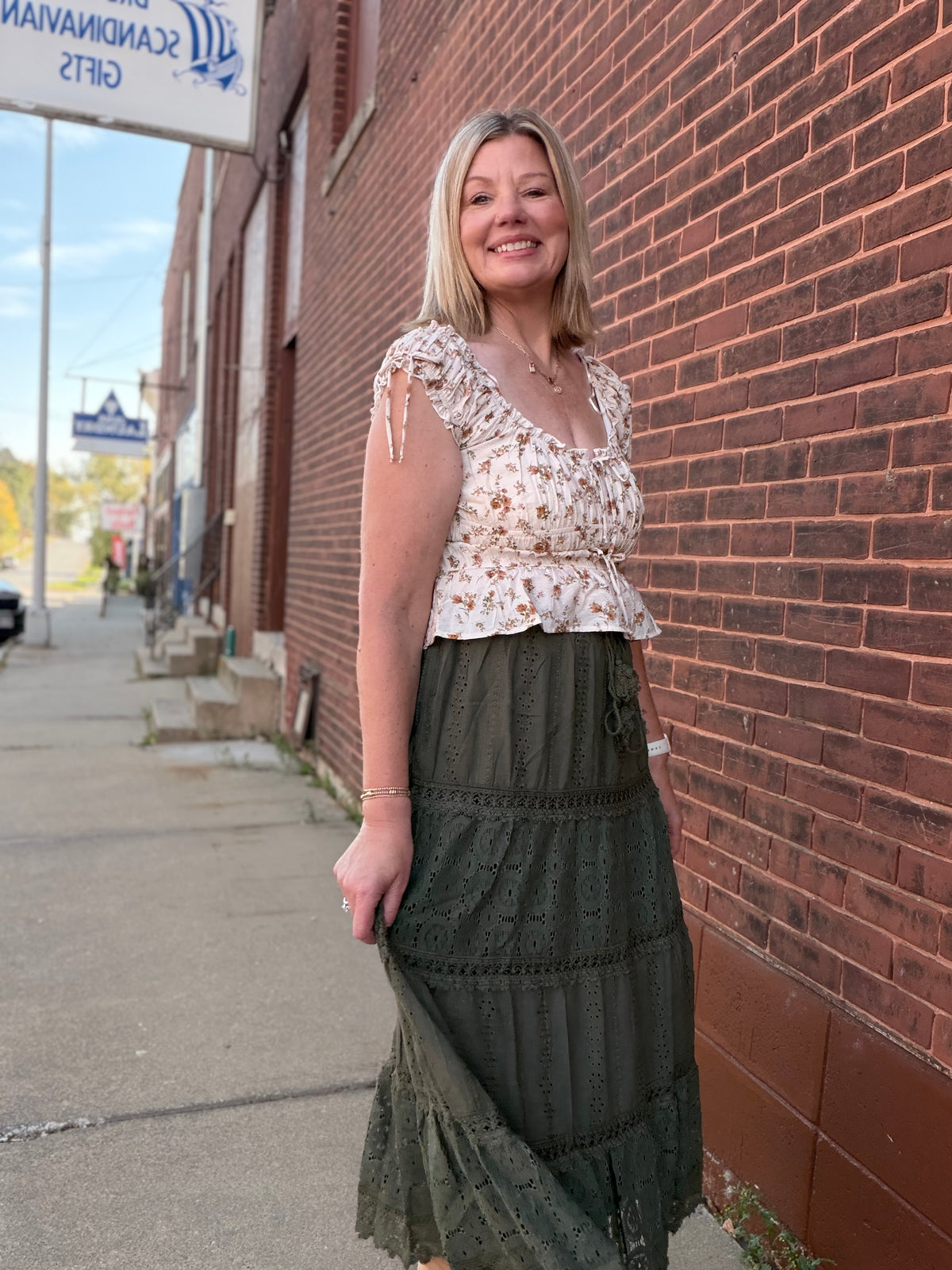 Harvest Time Elastic Waist Maxi Skirt w/ Lace Trim