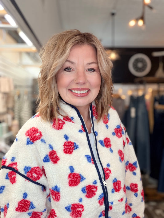 Oversized Floral Printed Fleece Sherpa Jacket