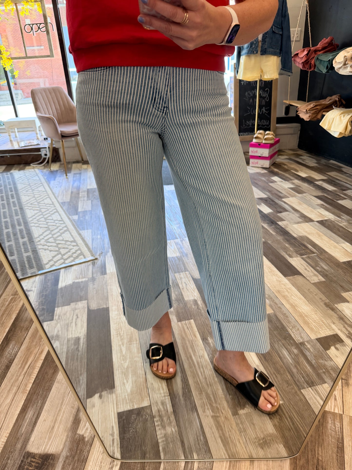 Vervet High Rise Cuffed Striped Crop Wide Jeans
