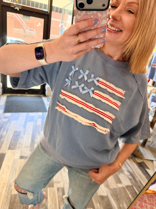 Americana Flag Half Sleeve Mineral Wash Terry Pullover