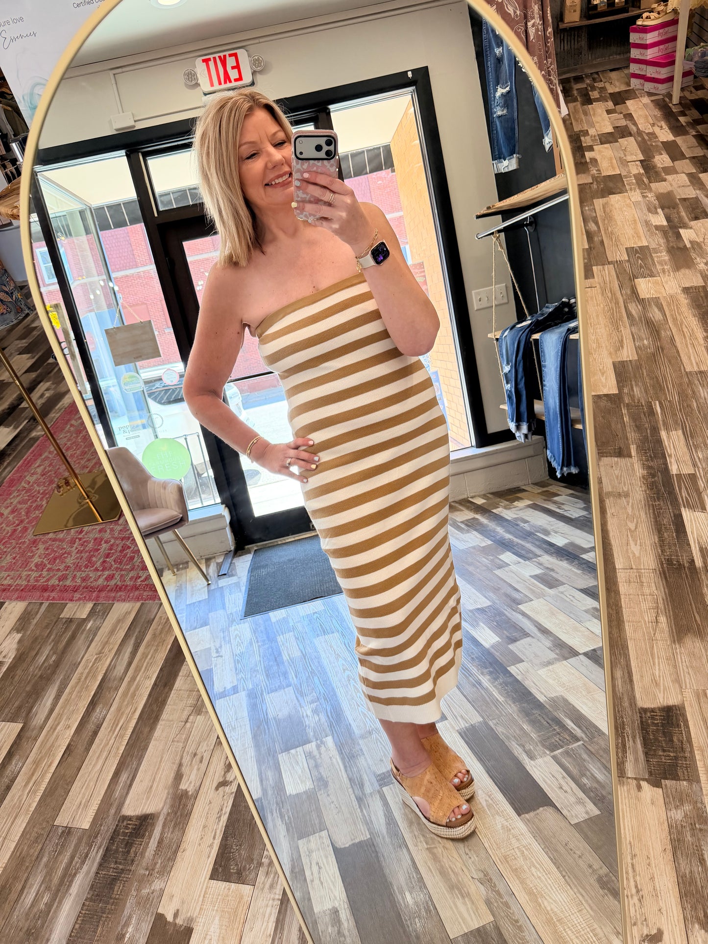 The Kinsee Striped Strapless Knit Midi Dress