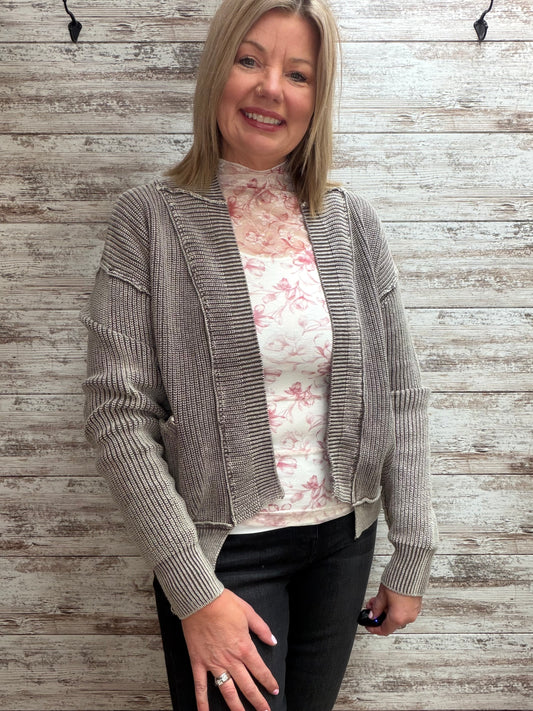 Acid Washed Dropped Shoulder Cardigan